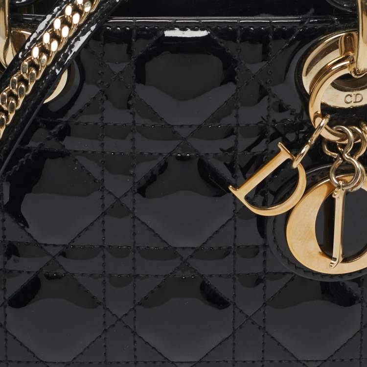 Pre Owned Dior Lady Dior Mini Black Cannage Patent Leather Tote