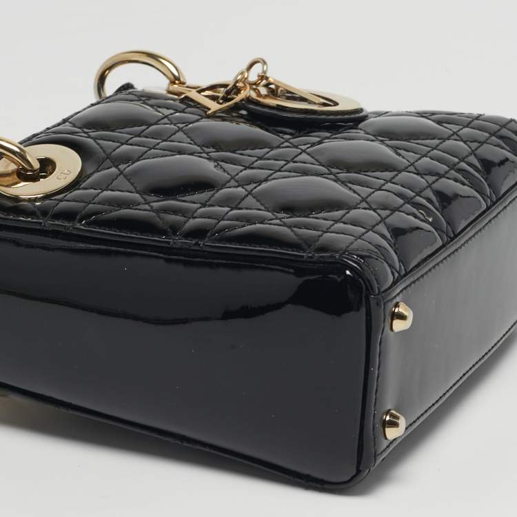 Pre Owned Dior Lady Dior Mini Black Cannage Patent Leather Tote