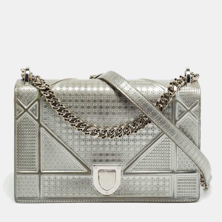 Pre Owned Dior Diorama Medium Grey Microcannage Patent Leather Shoulder Bag