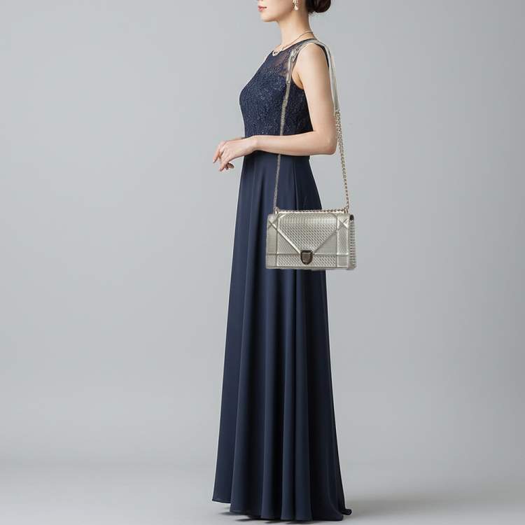 Pre Owned Dior Diorama Medium Grey Microcannage Patent Leather Shoulder Bag