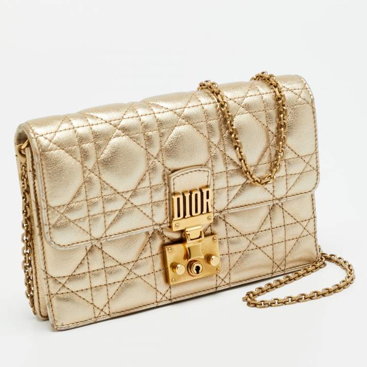 Pre Owned Dior Dioraddict Gold Cannage Leather Wallet On Chain