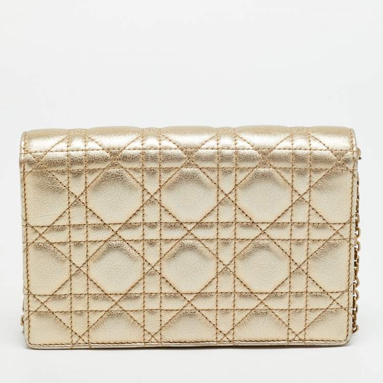 Pre Owned Dior Dioraddict Gold Cannage Leather Wallet On Chain