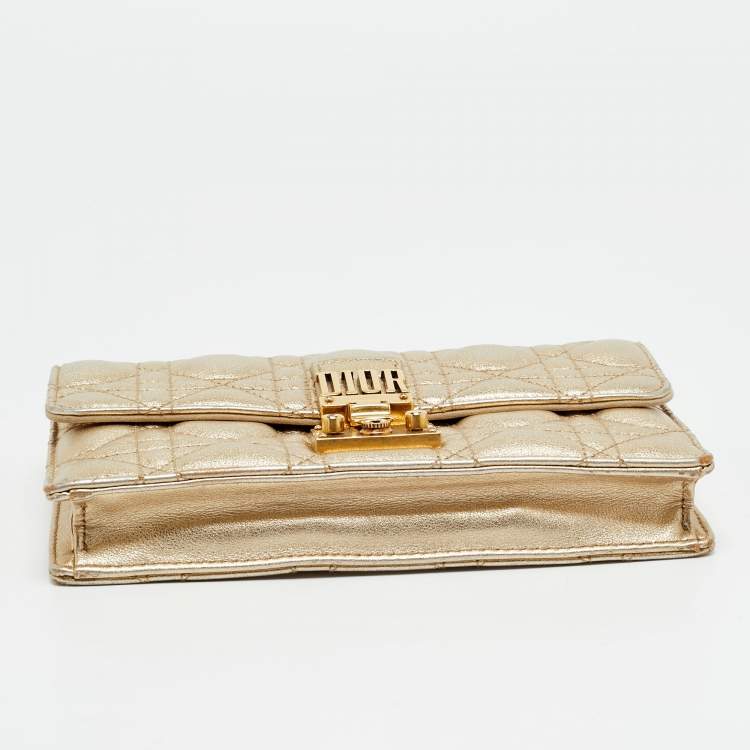 Pre Owned Dior Dioraddict Gold Cannage Leather Wallet On Chain