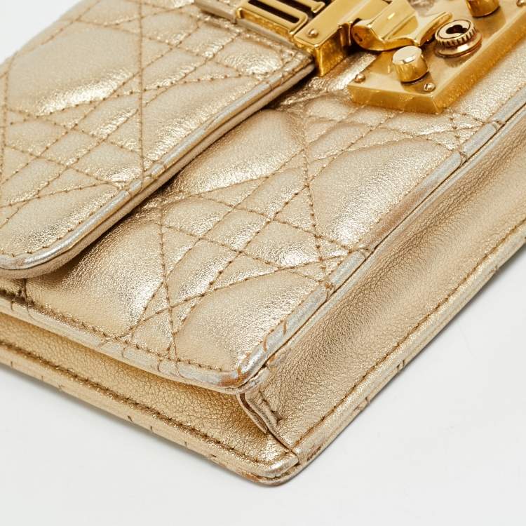 Pre Owned Dior Dioraddict Gold Cannage Leather Wallet On Chain
