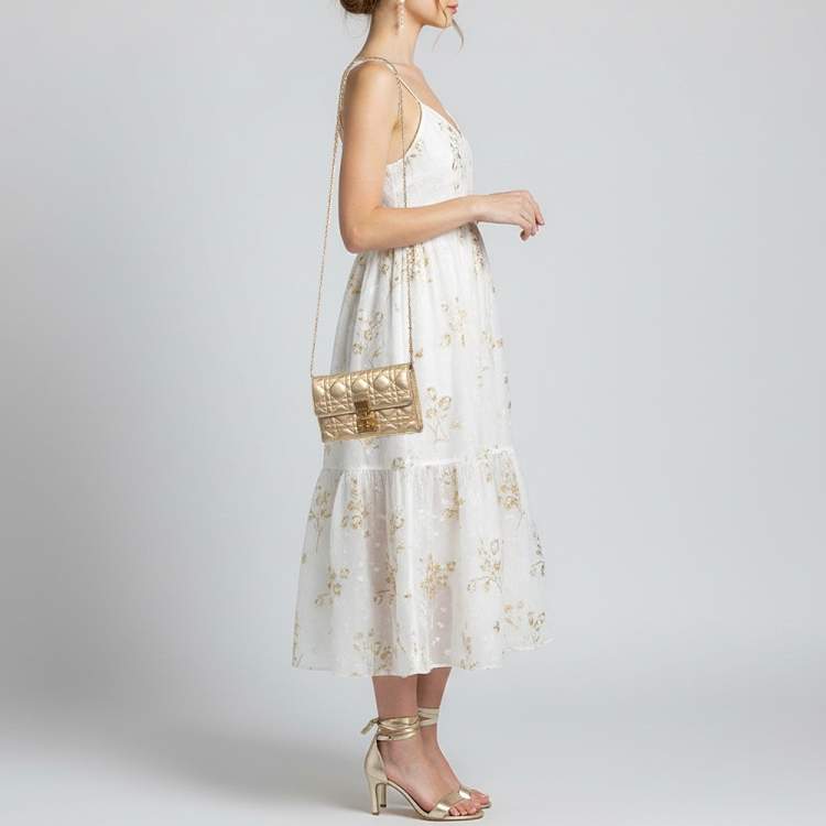 Pre Owned Dior Dioraddict Gold Cannage Leather Wallet On Chain