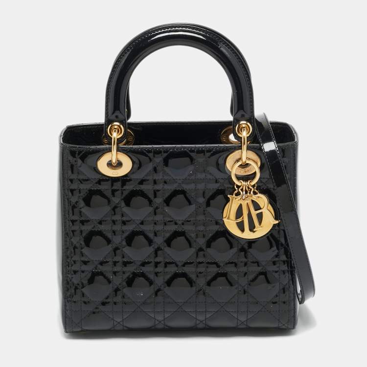 Pre Owned Dior Lady Dior Medium Black Cannage Patent Leather Tote
