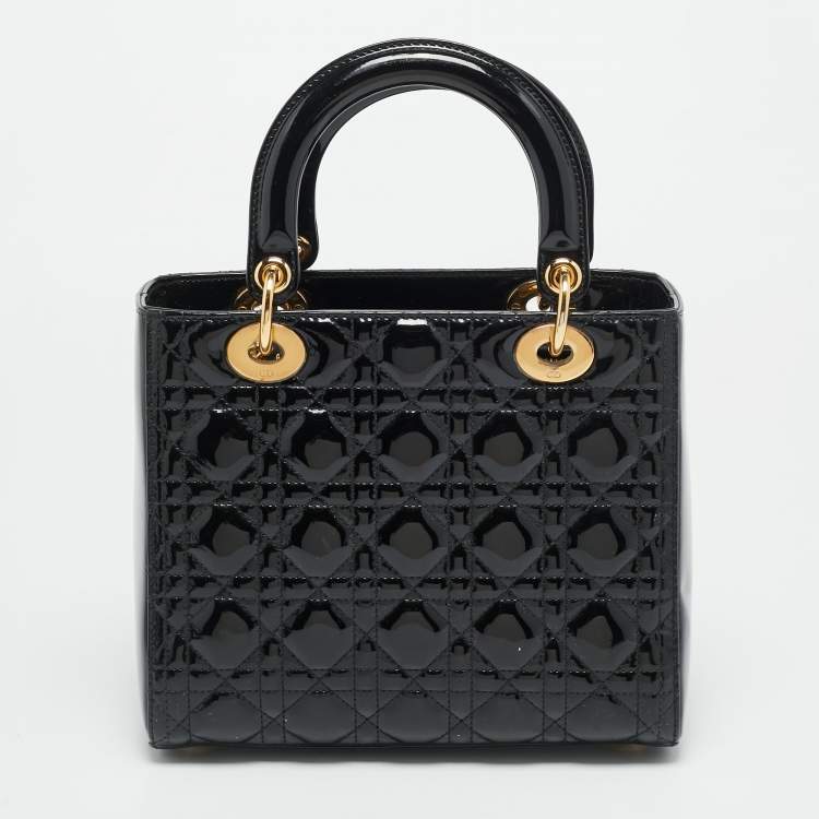 Pre Owned Dior Lady Dior Medium Black Cannage Patent Leather Tote