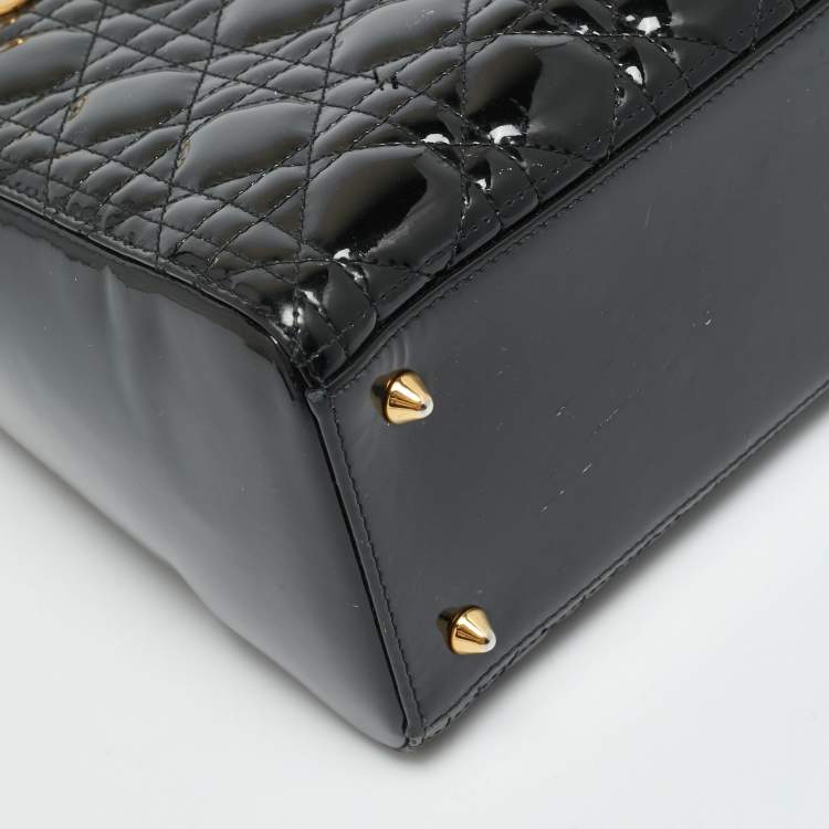 Pre Owned Dior Lady Dior Medium Black Cannage Patent Leather Tote