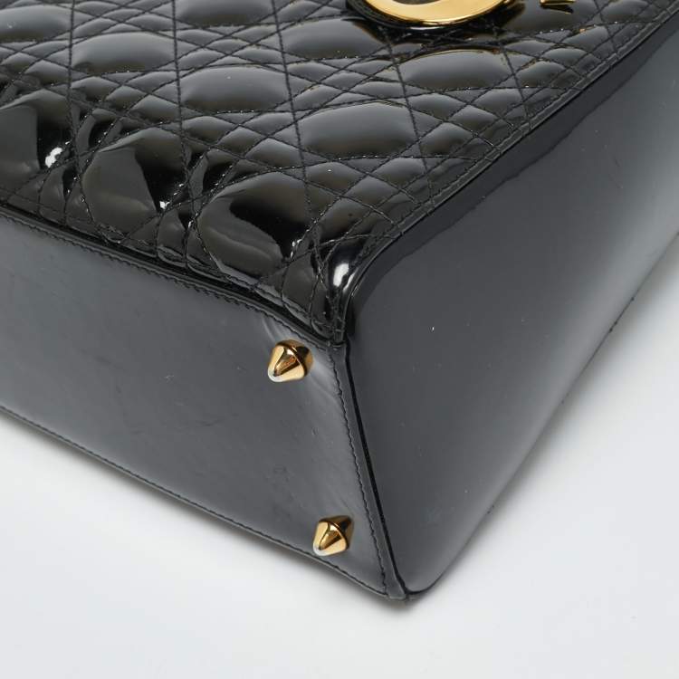 Pre Owned Dior Lady Dior Medium Black Cannage Patent Leather Tote