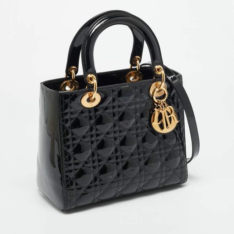 Pre Owned Dior Lady Dior Medium Black Cannage Patent Leather Tote