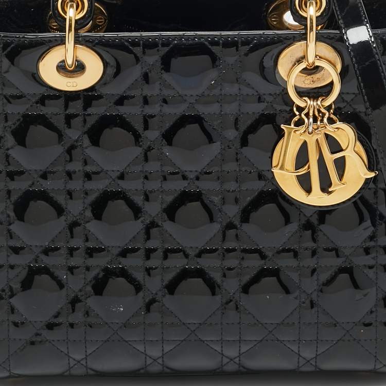 Pre Owned Dior Lady Dior Medium Black Cannage Patent Leather Tote