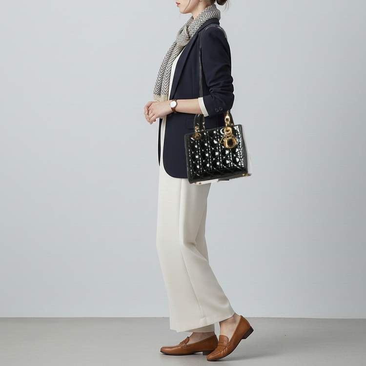 Pre Owned Dior Lady Dior Medium Black Cannage Patent Leather Tote