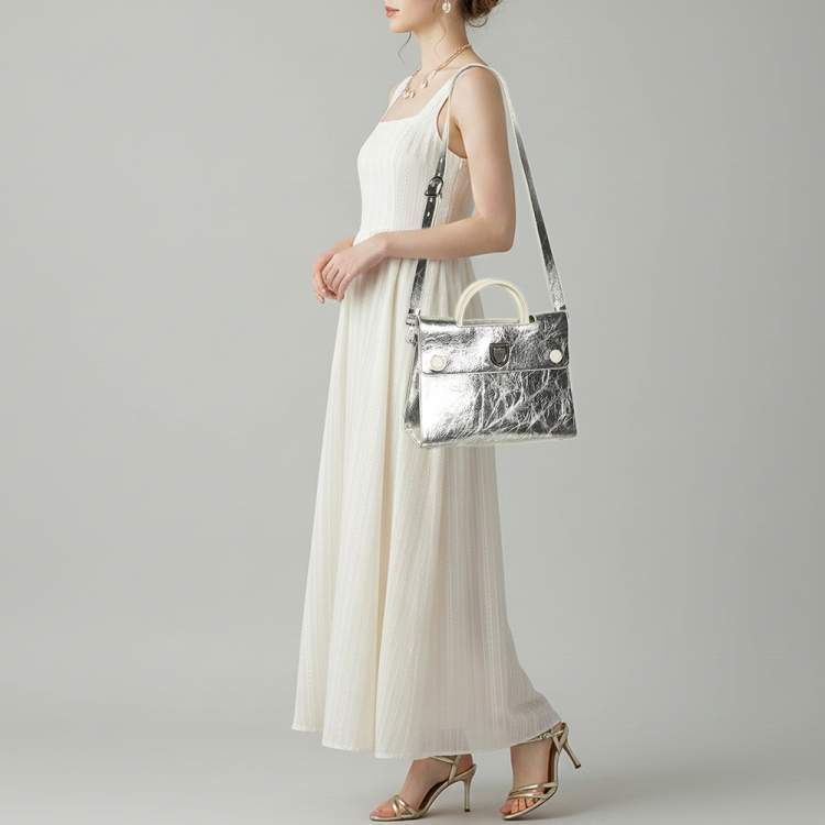 Pre Owned Dior Diorever Medium Silver Crinkled Leather Tote