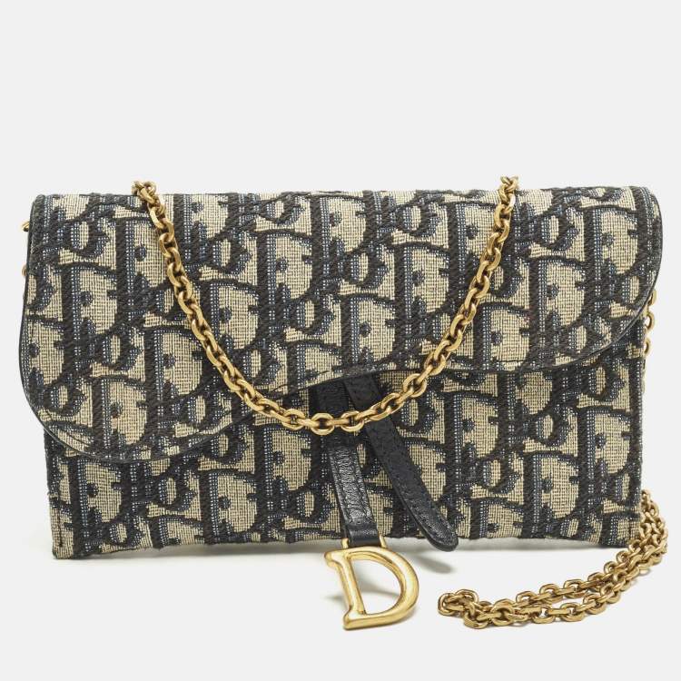 Pre Owned Dior Saddle Navy Blue Oblique Canvas and Leather Wallet On Chain