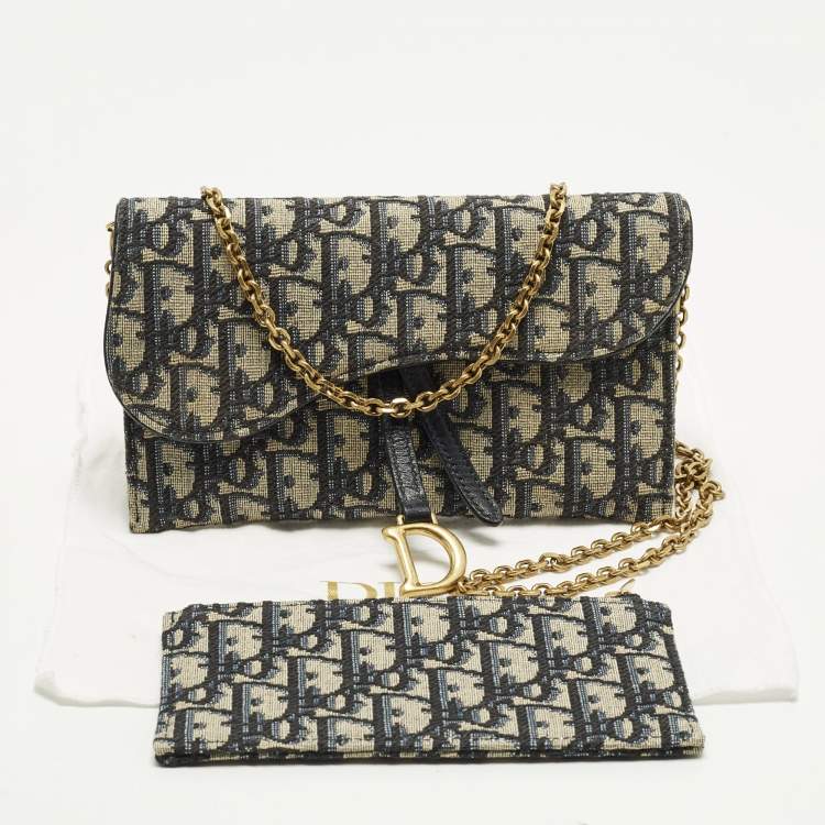 Pre Owned Dior Saddle Navy Blue Oblique Canvas and Leather Wallet On Chain