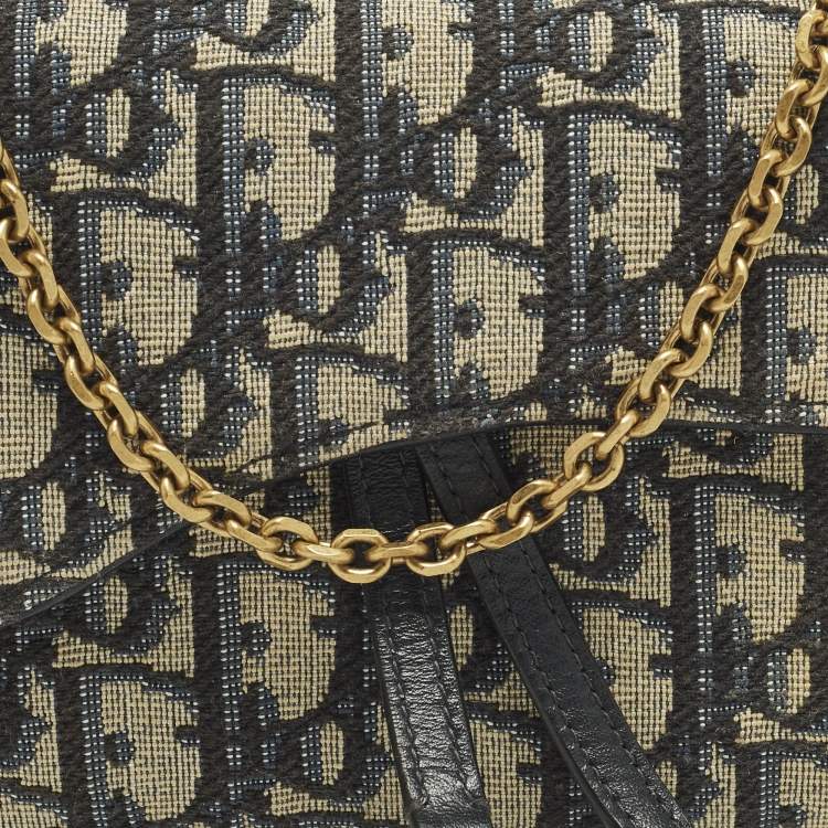 Pre Owned Dior Saddle Navy Blue Oblique Canvas and Leather Wallet On Chain