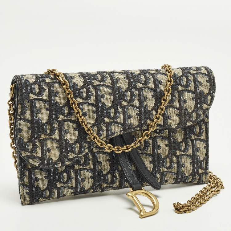 Pre Owned Dior Saddle Navy Blue Oblique Canvas and Leather Wallet On Chain