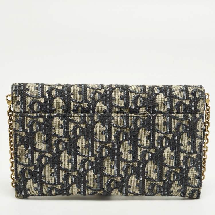 Pre Owned Dior Saddle Navy Blue Oblique Canvas and Leather Wallet On Chain