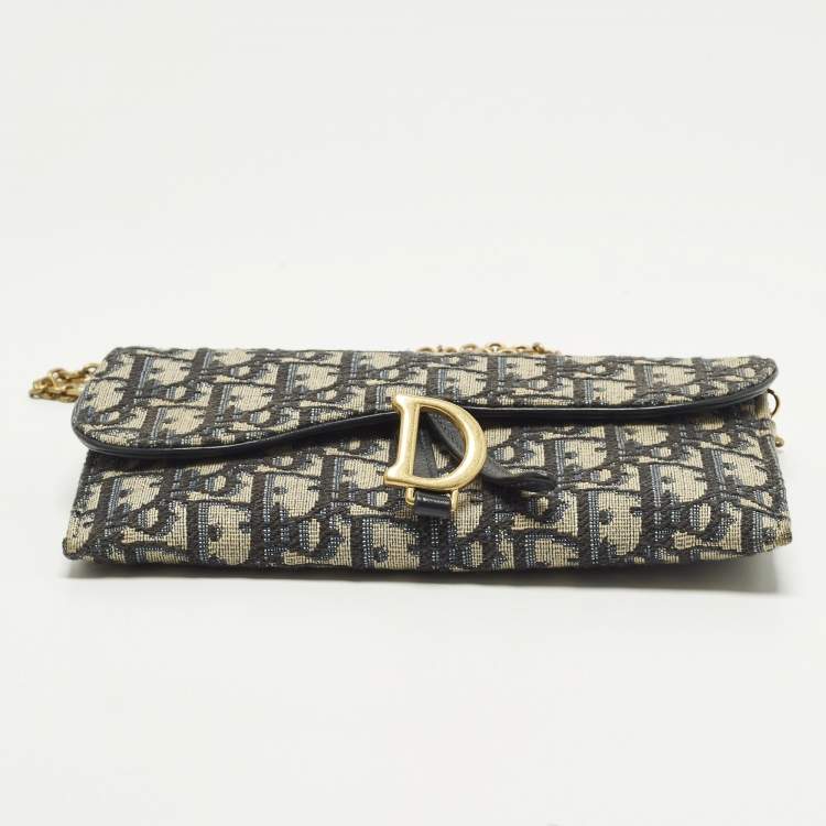 Pre Owned Dior Saddle Navy Blue Oblique Canvas and Leather Wallet On Chain