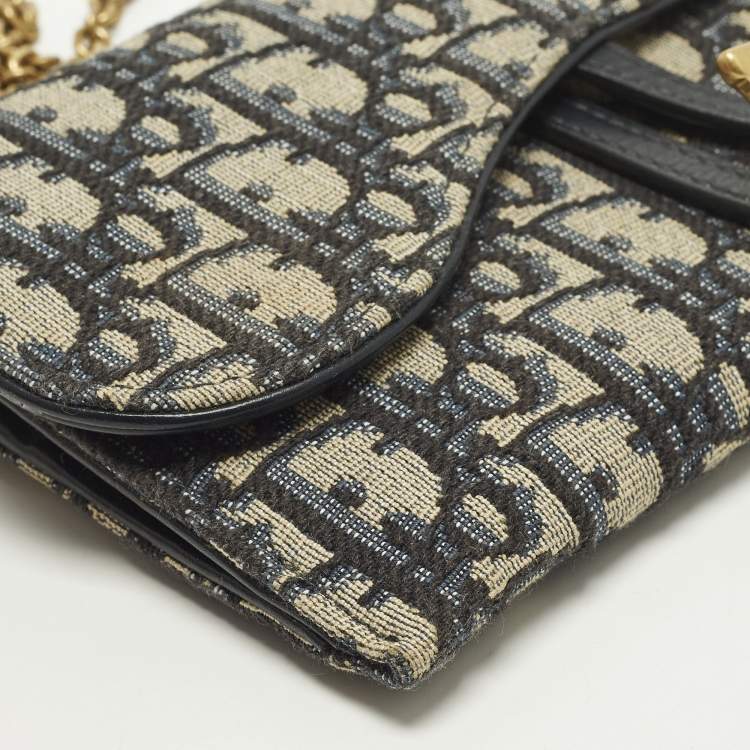 Pre Owned Dior Saddle Navy Blue Oblique Canvas and Leather Wallet On Chain