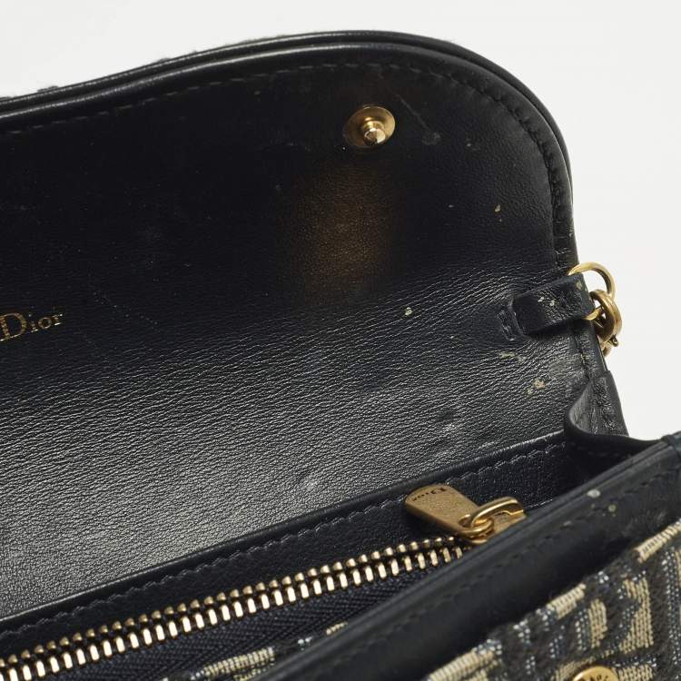 Pre Owned Dior Saddle Navy Blue Oblique Canvas and Leather Wallet On Chain