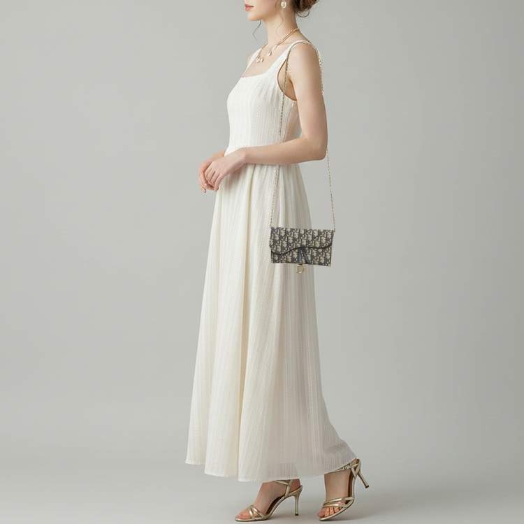 Pre Owned Dior Saddle Navy Blue Oblique Canvas and Leather Wallet On Chain