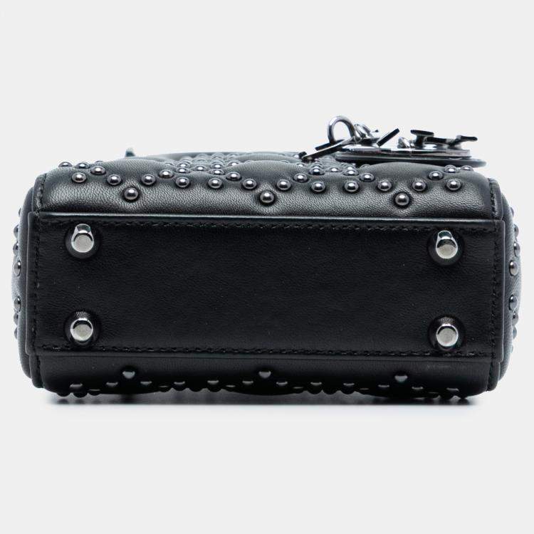 Pre Owned Dior Black Micro Lambskin Cannage Studded Supple Lady Dior