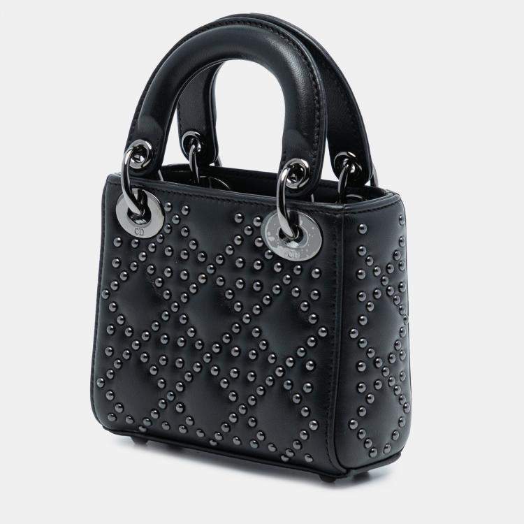 Pre Owned Dior Black Micro Lambskin Cannage Studded Supple Lady Dior