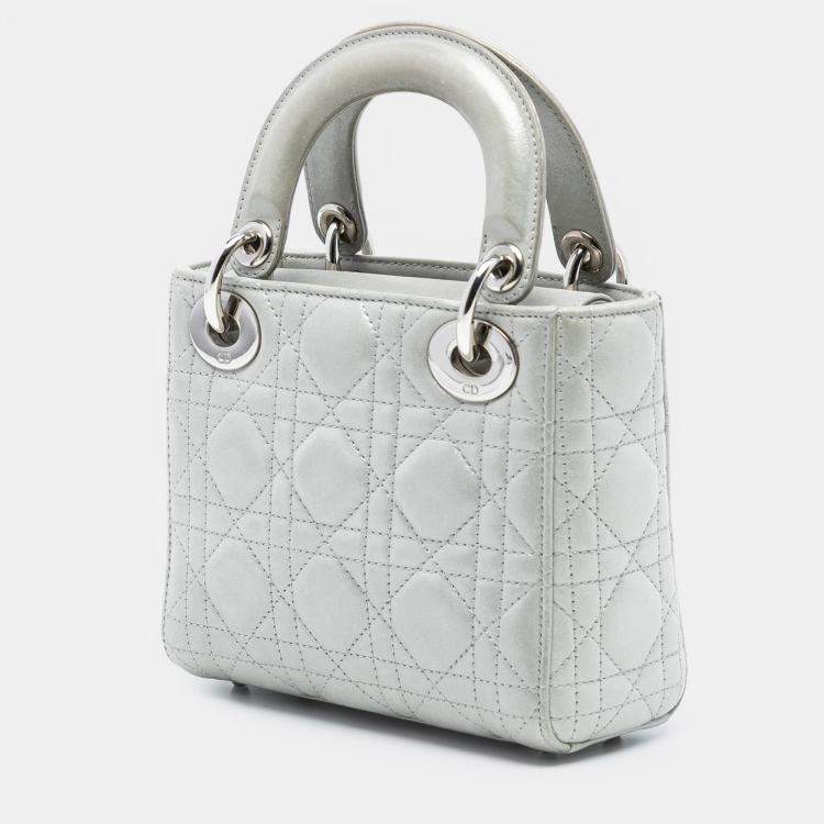 Pre Owned Dior Silver Mini Iridescent Lambskin Cannage Lady Dior