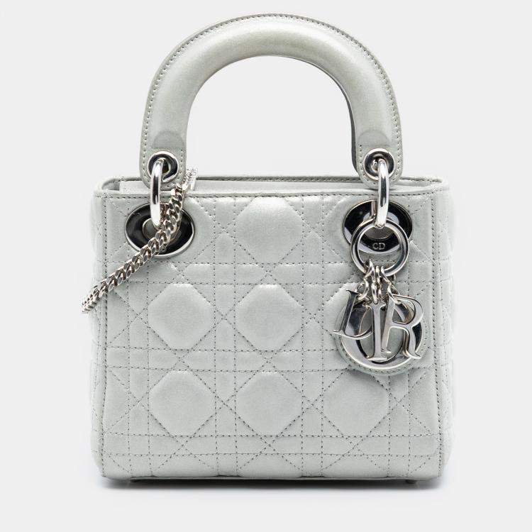 Pre Owned Dior Silver Mini Iridescent Lambskin Cannage Lady Dior