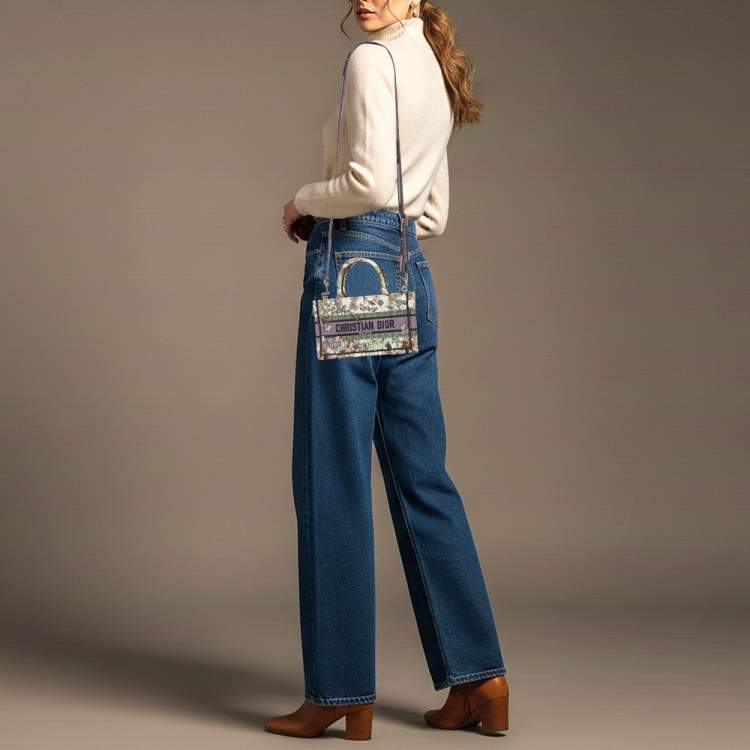 Pre Owned Dior Book Mini Multicolor Florilegio Embroidered Canvas Tote