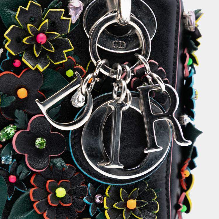 Pre Owned Dior Black Mini Lambskin 3D Floral Embroidered Lady Dior