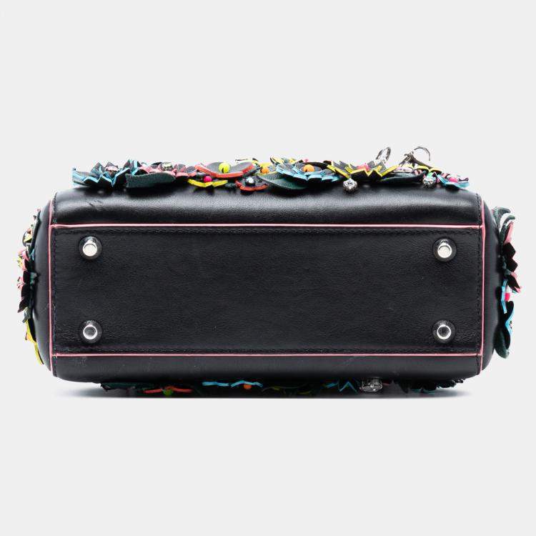 Pre Owned Dior Black Mini Lambskin 3D Floral Embroidered Lady Dior