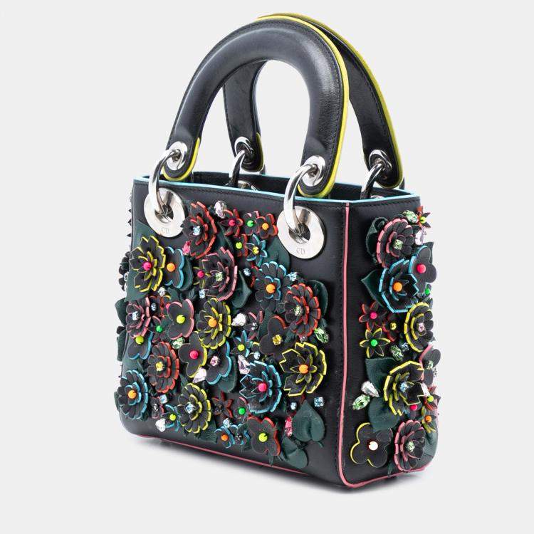 Pre Owned Dior Black Mini Lambskin 3D Floral Embroidered Lady Dior