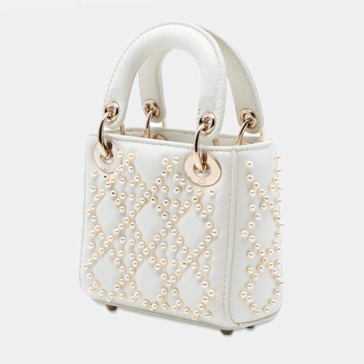 Pre Owned Dior White Micro Lambskin Cannage Pearl Lady Dior