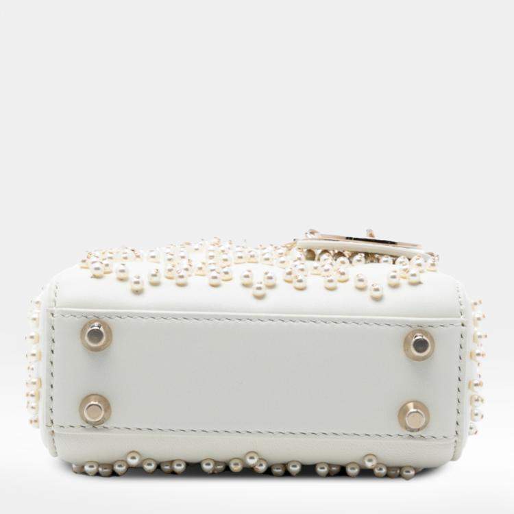 Pre Owned Dior White Micro Lambskin Cannage Pearl Lady Dior