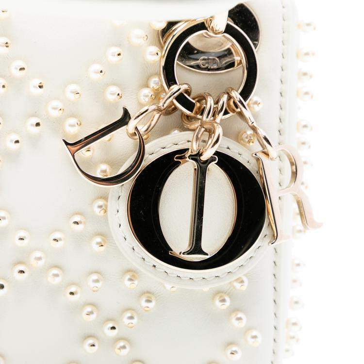 Pre Owned Dior White Micro Lambskin Cannage Pearl Lady Dior
