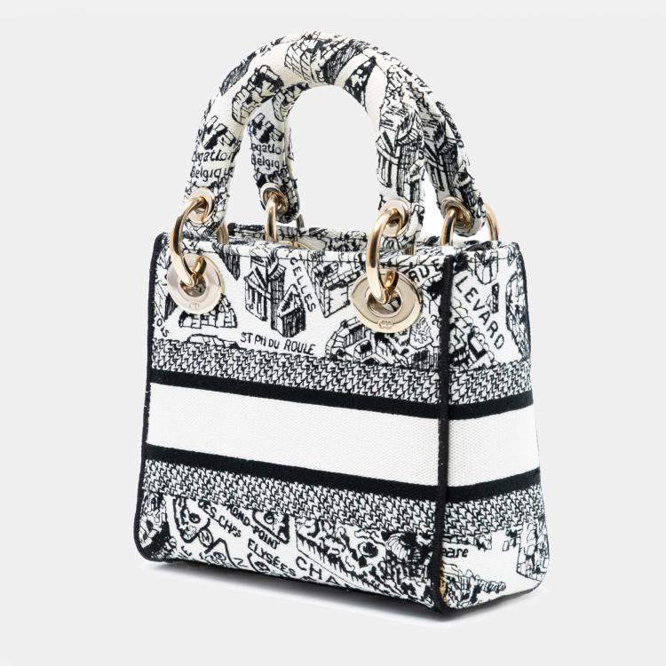 Pre Owned Dior Black White Mini Embroidered Canvas Plan de Paris Lady D Lite
