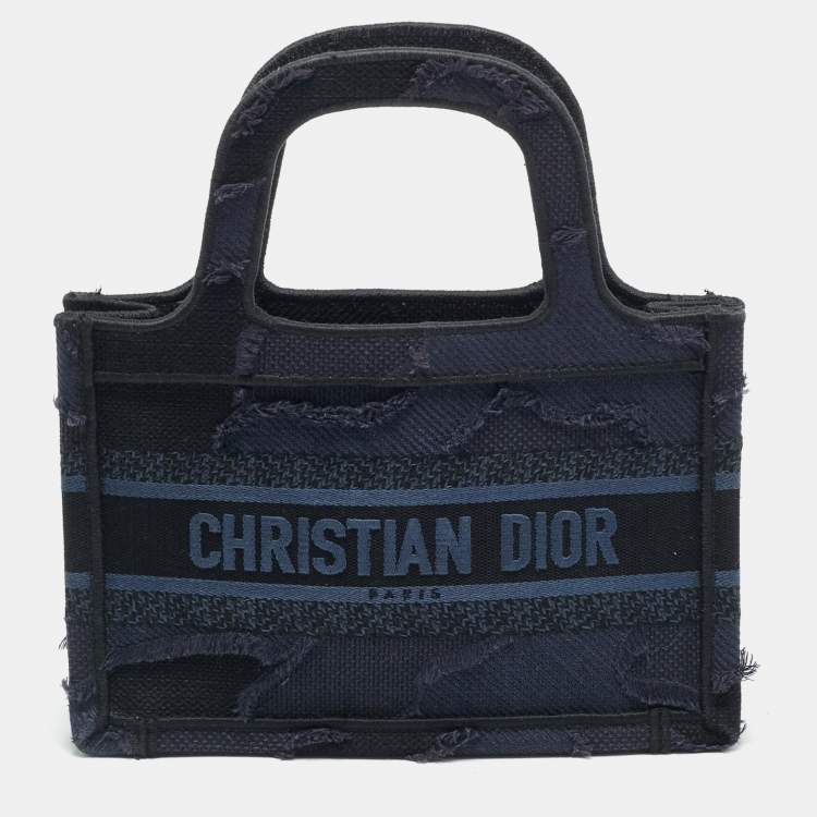 Pre Owned Dior Book Mini Navy Blue Embroidered Logo Canvas Tote