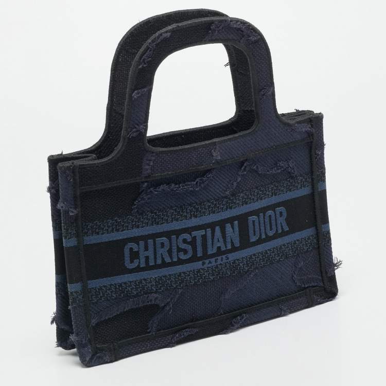 Pre Owned Dior Book Mini Navy Blue Embroidered Logo Canvas Tote