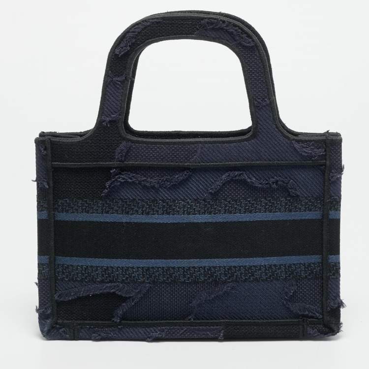 Pre Owned Dior Book Mini Navy Blue Embroidered Logo Canvas Tote