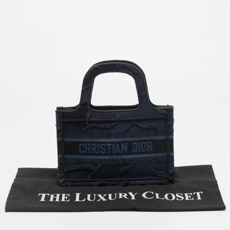 Pre Owned Dior Book Mini Navy Blue Embroidered Logo Canvas Tote