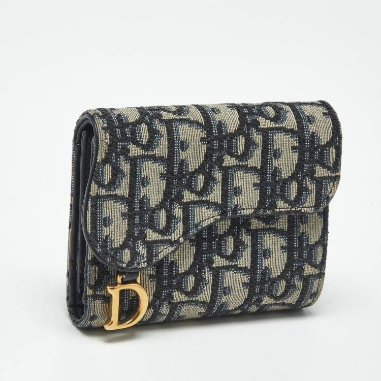 مملوكة مسبقًا Dior Saddle Navy Blue Oblique Canvas Compact Wallet