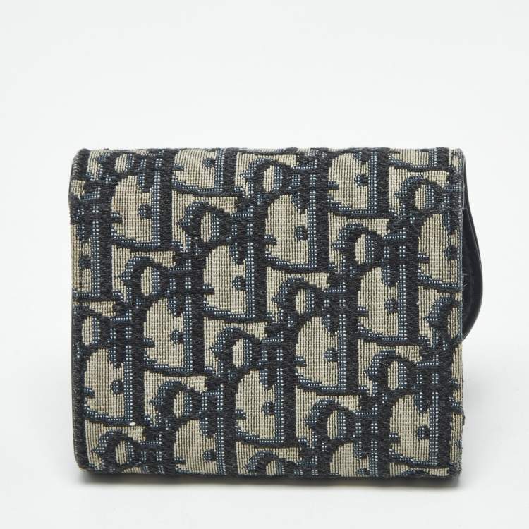 مملوكة مسبقًا Dior Saddle Navy Blue Oblique Canvas Compact Wallet