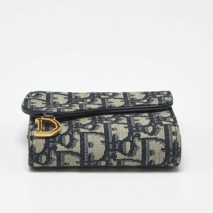 مملوكة مسبقًا Dior Saddle Navy Blue Oblique Canvas Compact Wallet