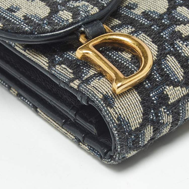 مملوكة مسبقًا Dior Saddle Navy Blue Oblique Canvas Compact Wallet