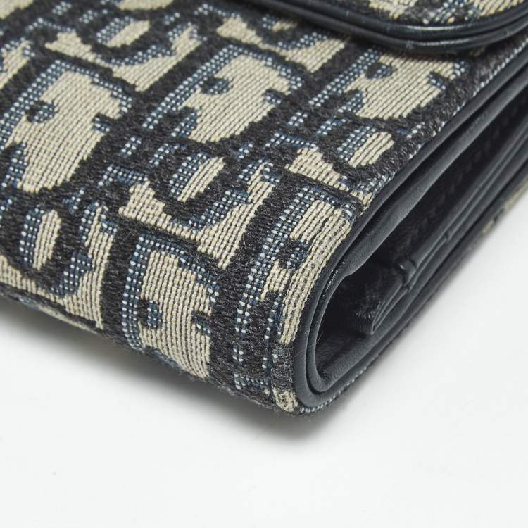 مملوكة مسبقًا Dior Saddle Navy Blue Oblique Canvas Compact Wallet