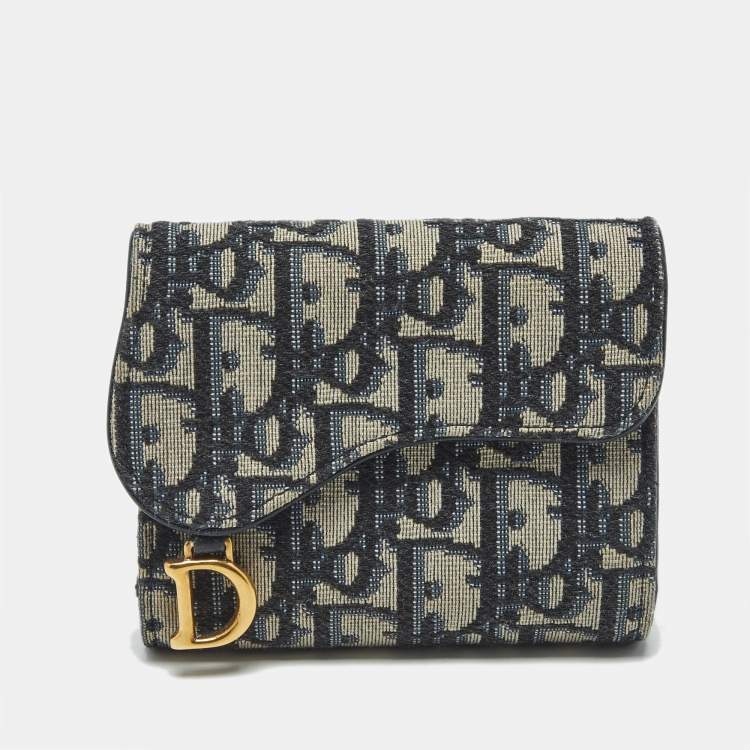 مملوكة مسبقًا Dior Saddle Navy Blue Oblique Canvas Compact Wallet