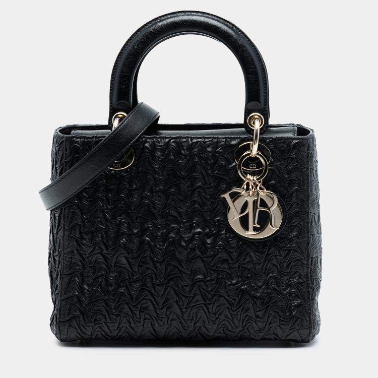 Pre Owned Dior Black Medium Wavy Crinkled Lambskin Lady Dior