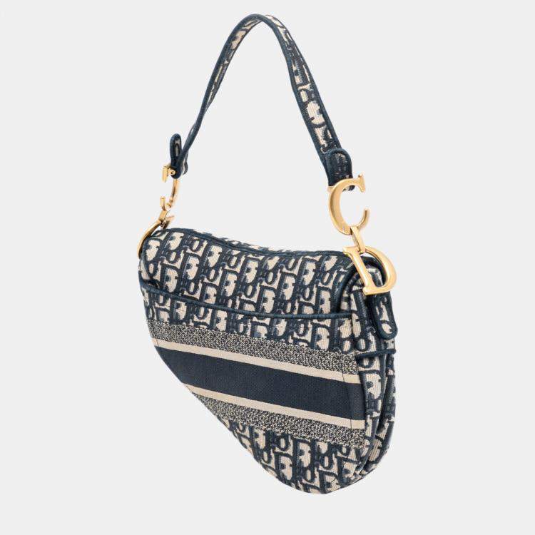 Pre Owned Dior Blue Oblique Embroidered Canvas Saddle Bag
